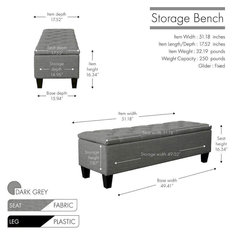 Banc de rangement capitonné en tissu avec couvercle à charnière