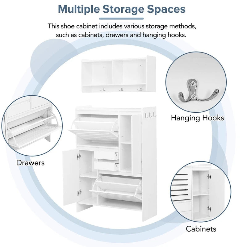 Meuble à chaussures avec armoire murale, meuble de hall peu encombrant avec 2 tiroirs basculants, meuble d'appoint polyvalent pour couloir, blanc