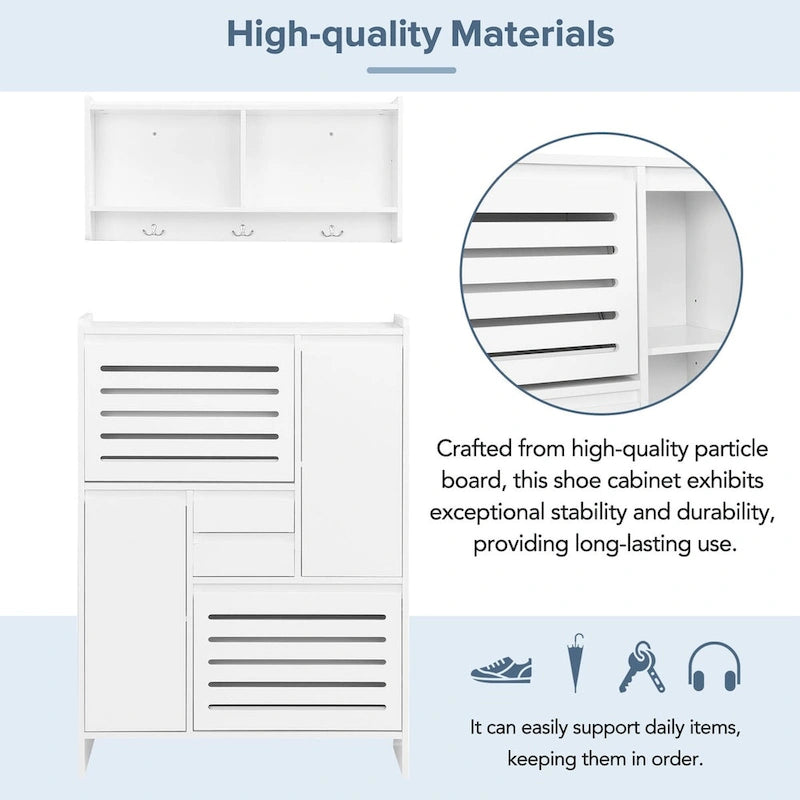 Meuble à chaussures avec armoire murale, meuble de hall peu encombrant avec 2 tiroirs basculants, meuble d'appoint polyvalent pour couloir, blanc