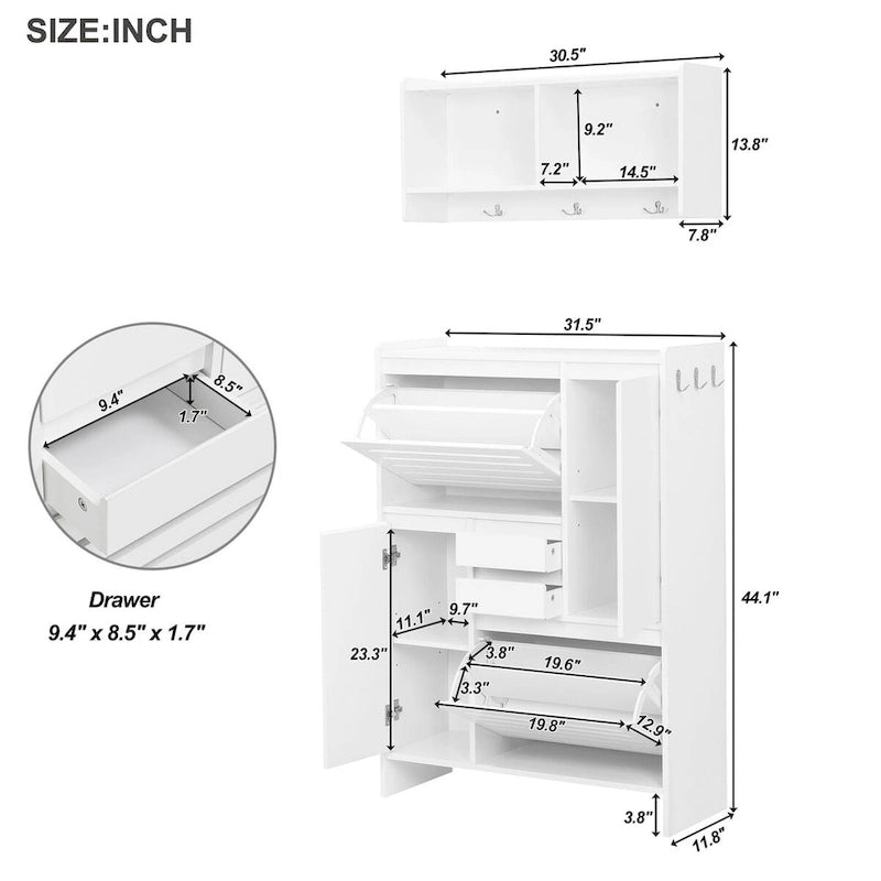 Meuble à chaussures avec armoire murale, meuble de hall peu encombrant avec 2 tiroirs basculants, meuble d'appoint polyvalent pour couloir, blanc