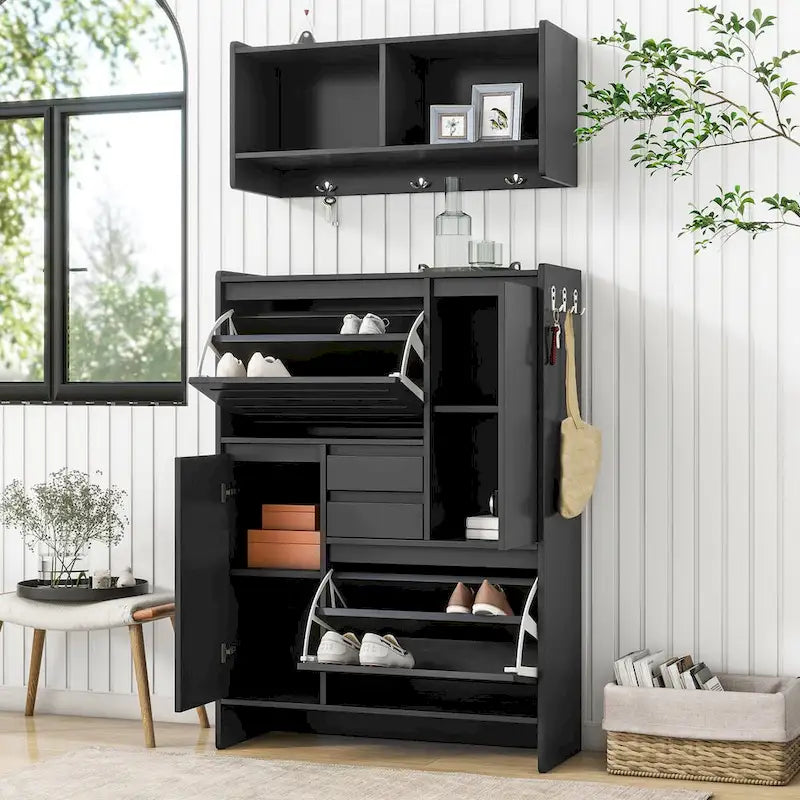 Meuble à chaussures avec armoire murale, meuble de hall peu encombrant avec 2 tiroirs basculants, meuble d'appoint polyvalent pour couloir, blanc