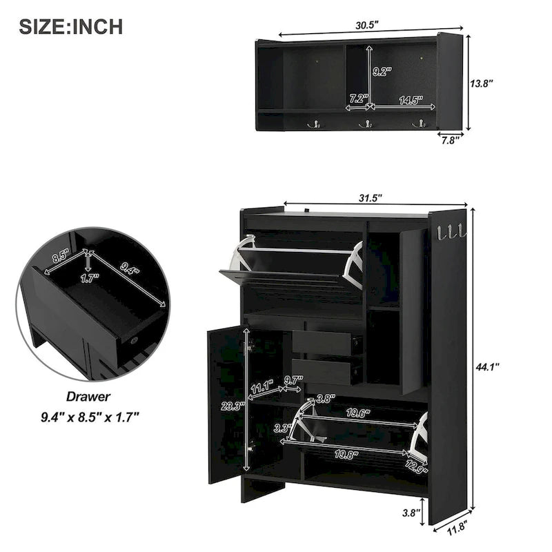 Meuble à chaussures avec armoire murale, meuble de hall peu encombrant avec 2 tiroirs basculants, meuble d'appoint polyvalent pour couloir, blanc