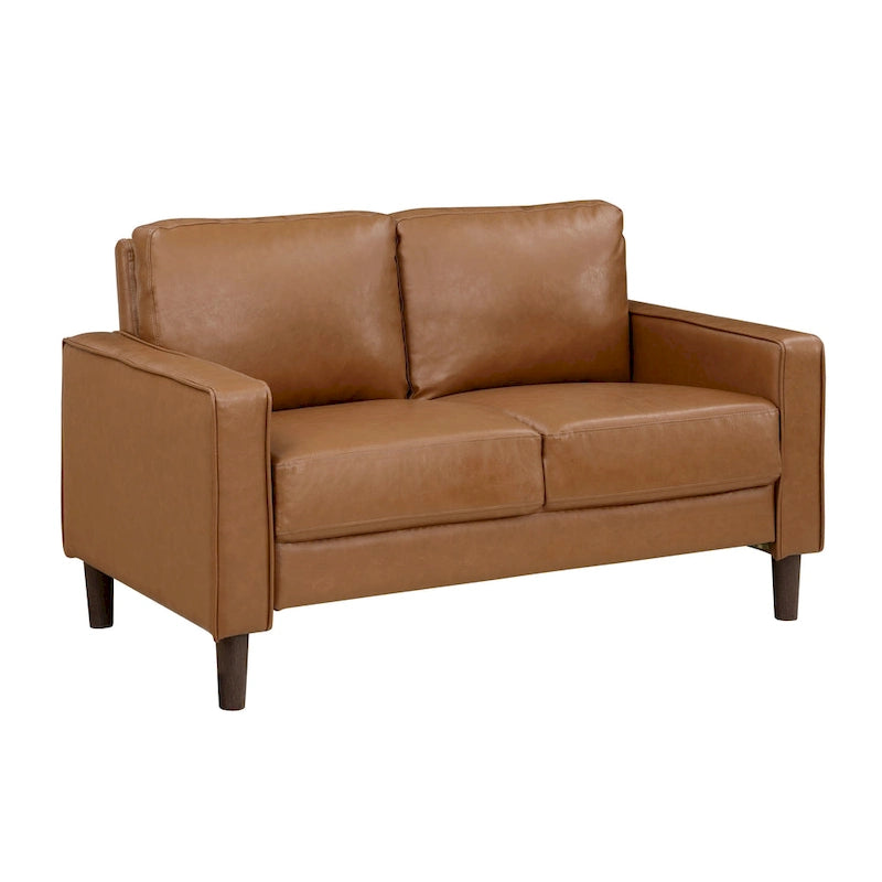 Causeuse de 54 pouces, similicuir marron, accoudoirs de style épuré, bois massif