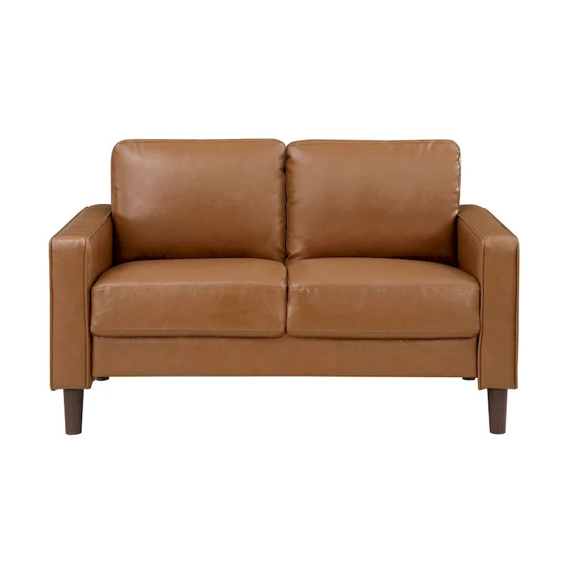 Causeuse de 54 pouces, similicuir marron, accoudoirs de style épuré, bois massif