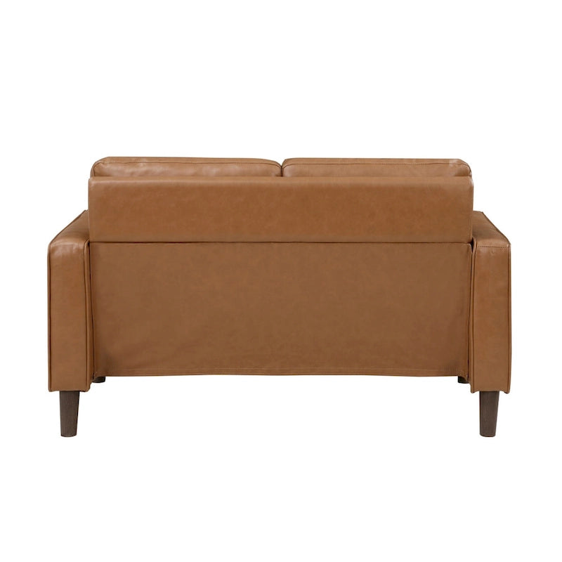Causeuse de 54 pouces, similicuir marron, accoudoirs de style épuré, bois massif