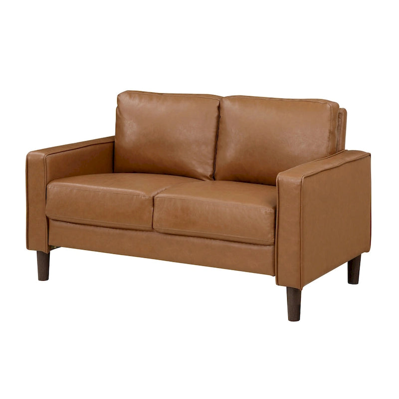 Causeuse de 54 pouces, similicuir marron, accoudoirs de style épuré, bois massif