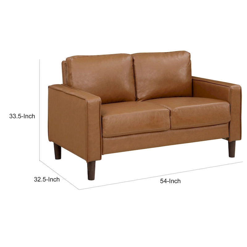 Causeuse de 54 pouces, similicuir marron, accoudoirs de style épuré, bois massif