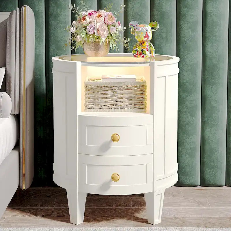Table de chevet à 2 tiroirs avec étagère ouverte et lumières LED pour chambre à coucher et salon