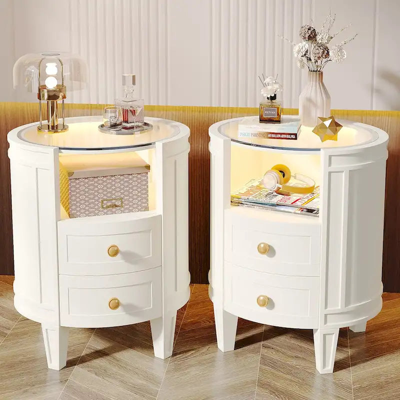 Table de chevet à 2 tiroirs avec étagère ouverte et lumières LED pour chambre à coucher et salon