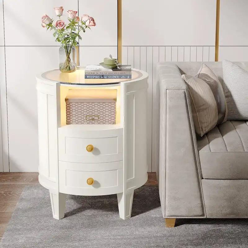 Table de chevet à 2 tiroirs avec étagère ouverte et lumières LED pour chambre à coucher et salon