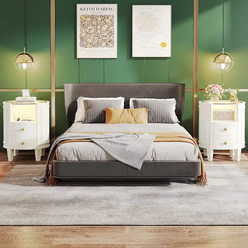 Table de chevet à 2 tiroirs avec étagère ouverte et lumières LED pour chambre à coucher et salon