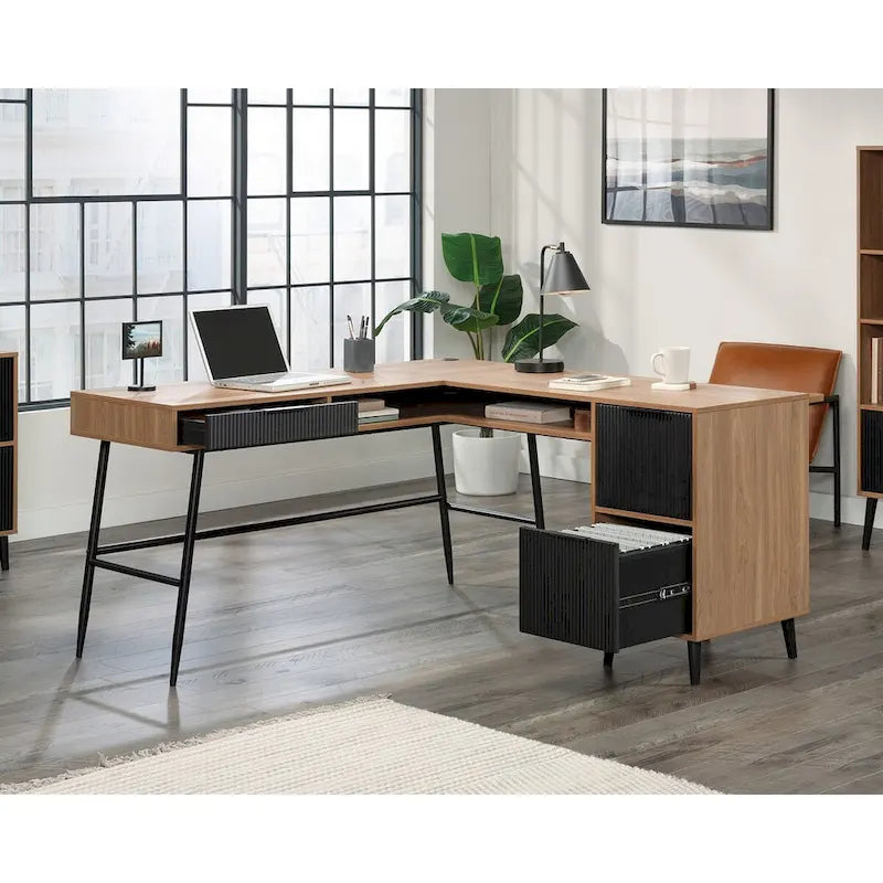 Bureau d'angle en L avec 3 tiroirs cannelés, Noyer Sérénité