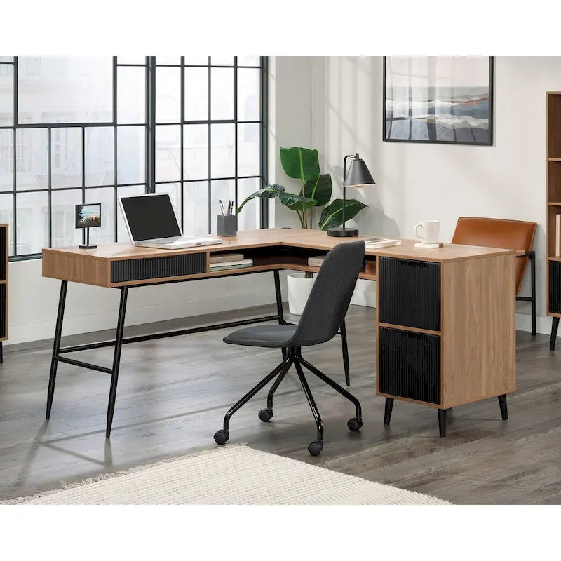 Bureau d'angle en L avec 3 tiroirs cannelés, Noyer Sérénité