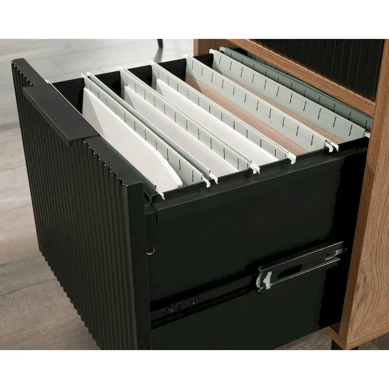 Bureau d'angle en L avec 3 tiroirs cannelés, Noyer Sérénité