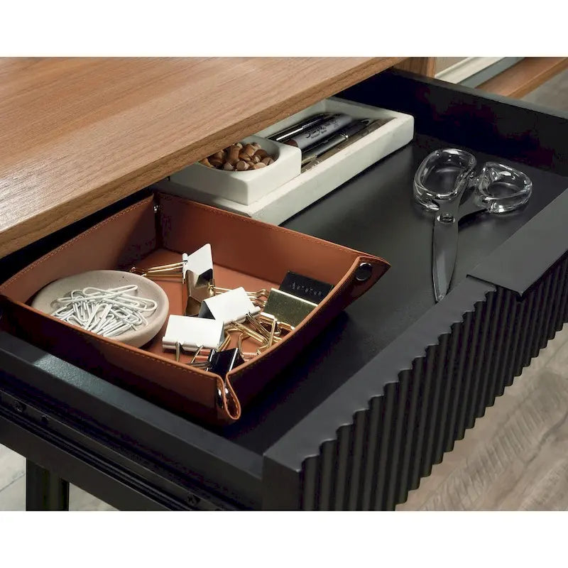 Bureau d'angle en L avec 3 tiroirs cannelés, Noyer Sérénité