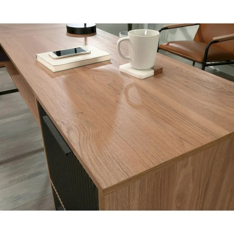 Bureau d'angle en L avec 3 tiroirs cannelés, Noyer Sérénité
