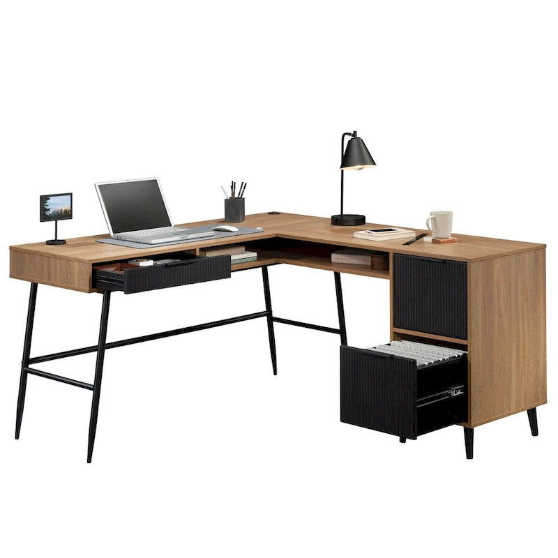 Bureau d'angle en L avec 3 tiroirs cannelés, Noyer Sérénité