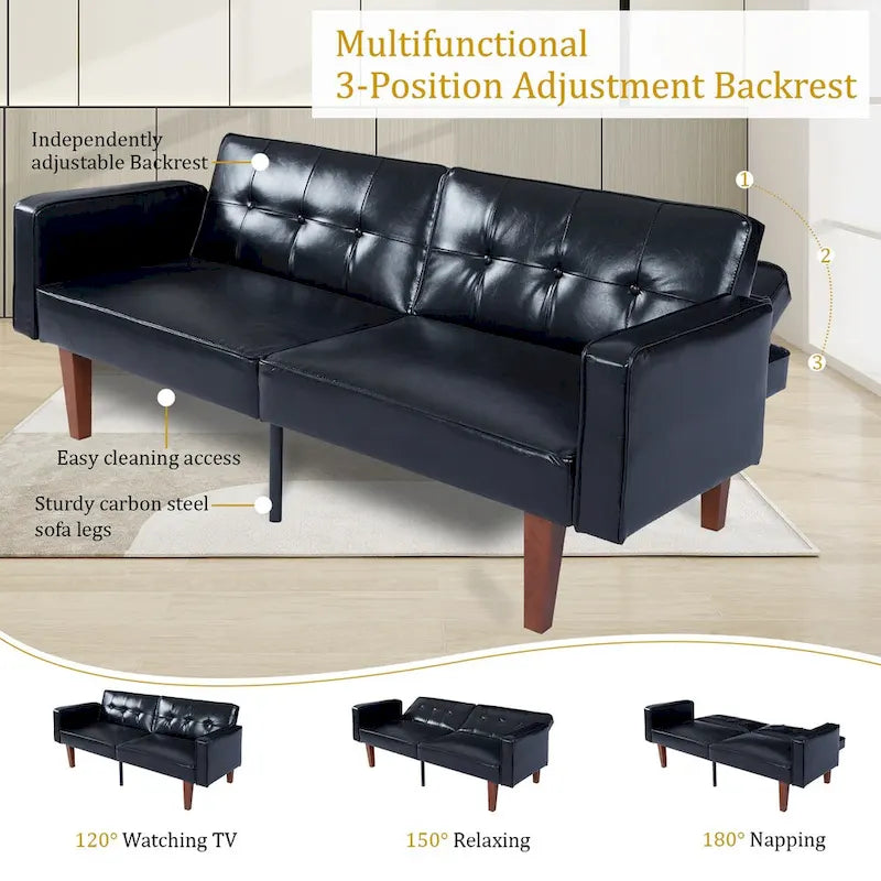 Canapé-lit convertible moelleux de 68 po avec dossier réglable et pieds en bois massif