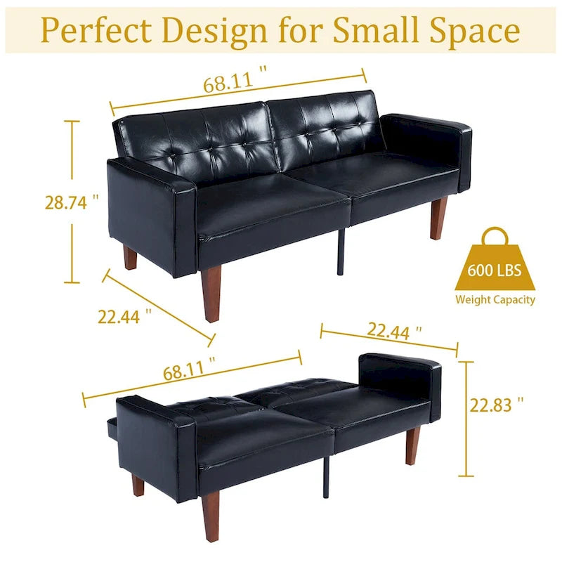 Canapé-lit convertible moelleux de 68 po avec dossier réglable et pieds en bois massif