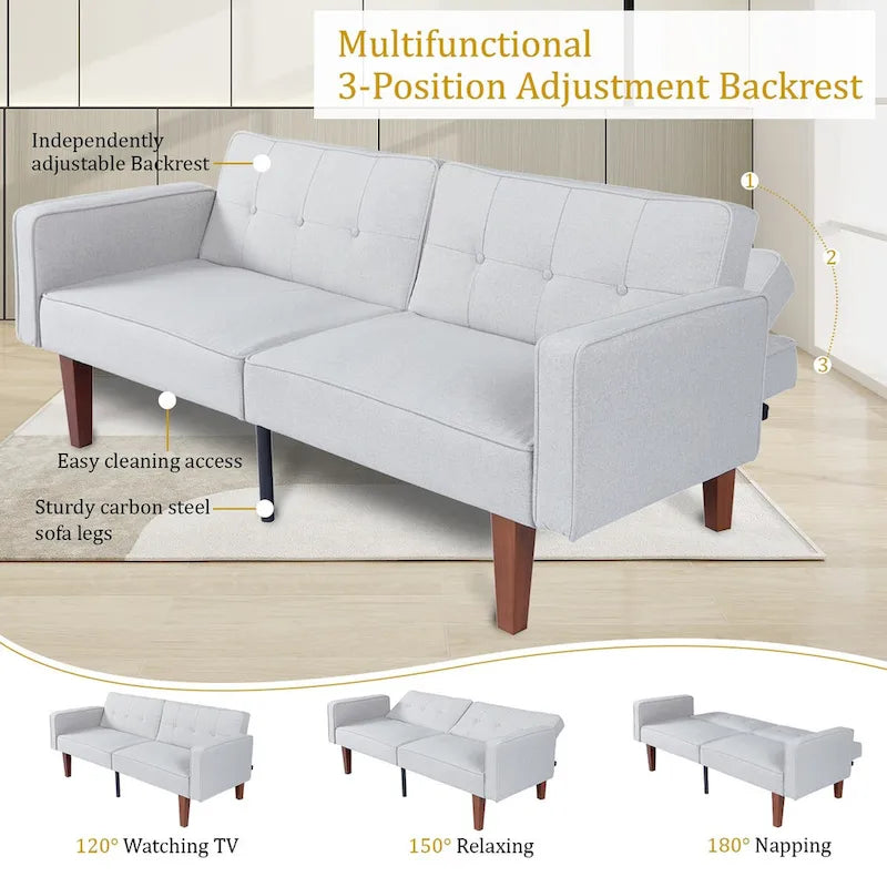 Canapé-lit convertible moelleux de 68 po avec dossier réglable et pieds en bois massif