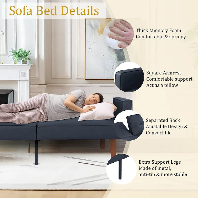 Canapé-lit convertible moelleux de 68 po avec dossier réglable et pieds en bois massif