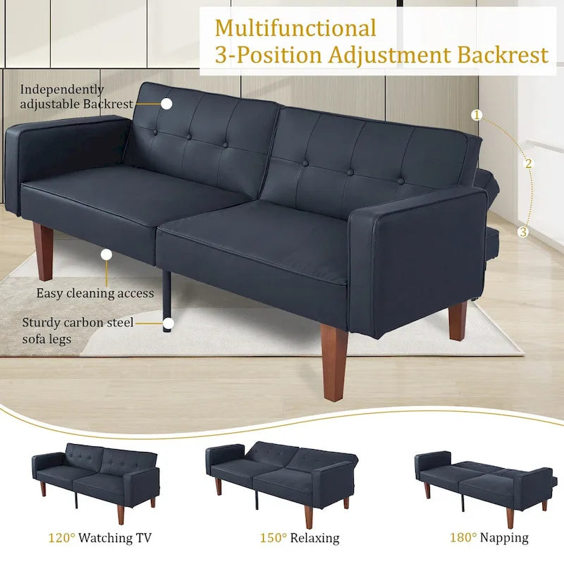 Canapé-lit convertible moelleux de 68 po avec dossier réglable et pieds en bois massif