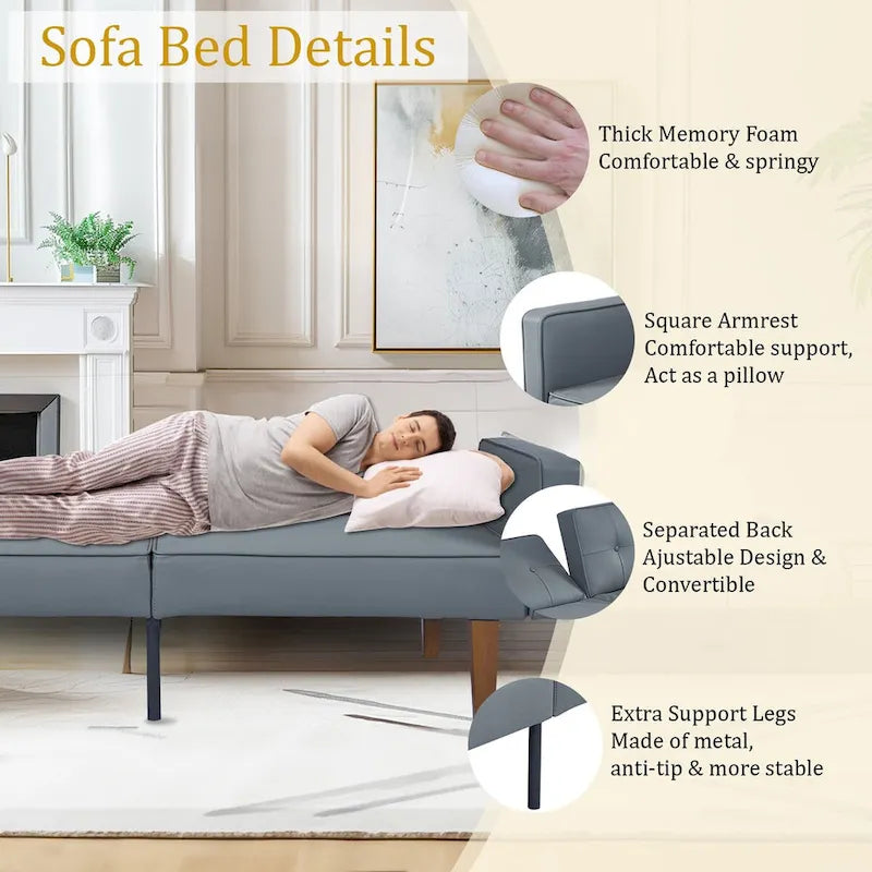 Canapé-lit convertible moelleux de 68 po avec dossier réglable et pieds en bois massif